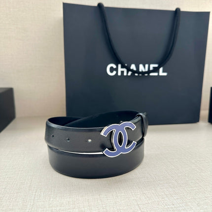 CC 30MM BELT IN BLACK SMOOTH CALFSKIN WITH NAVY BLUE METAL LOGO