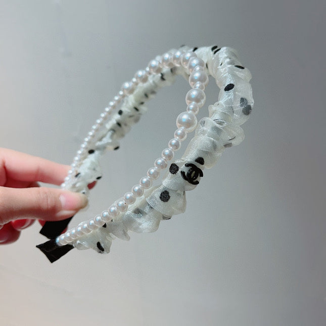 WHITE VOILE FABRIC HAIRBAND WITH PEARL CHAIN 867188