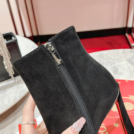 CHRISTIAN LOUBOUTIN 26S POINTED TOE ANKLE BOOTS 100 MM IN BLACK SUEDE