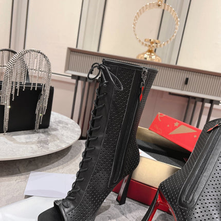 CHRISTIAN LOUBOUTIN 26S PEEP TOE BOOTS 100 MM IN BLACK PERFORATED CALFSKIN