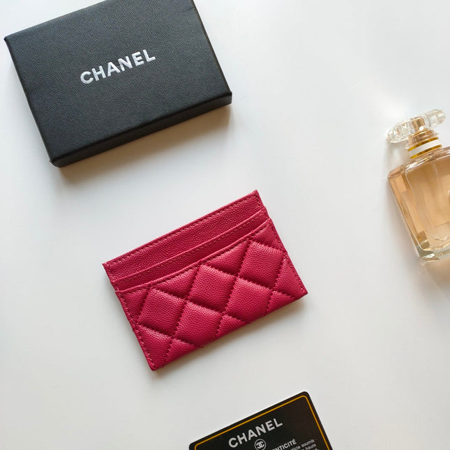 CC CARD HOLDER 11.2 RED PINK GRAINED CALFSKIN GOLD ICON