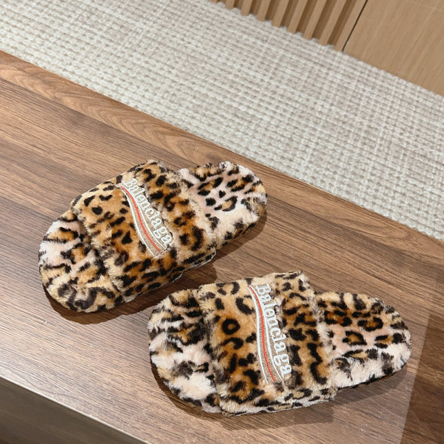 FURRY SLIDES IN LEOPARD PRINT RABBIT FUR