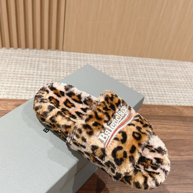 FURRY SLIDES IN LEOPARD PRINT RABBIT FUR