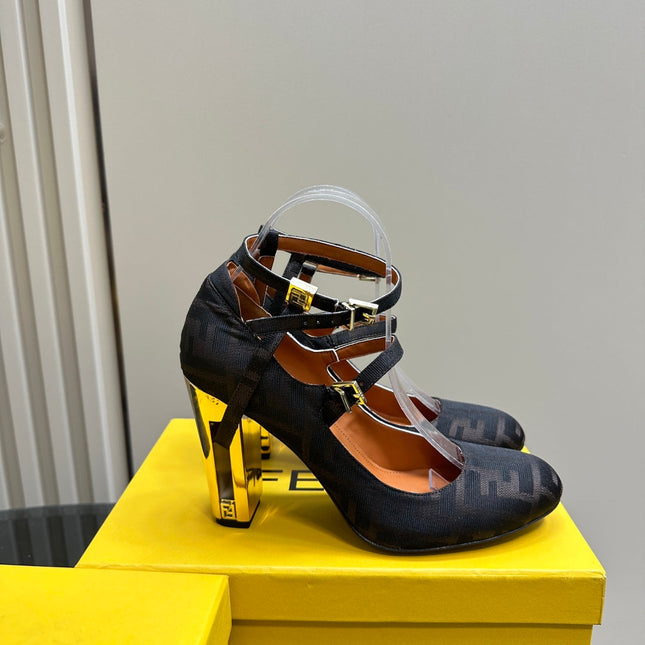 FENDI DELFINA HIGH-HEELED 85 MM SANDAL IN BLACK MONOGRAM FF CANVAS