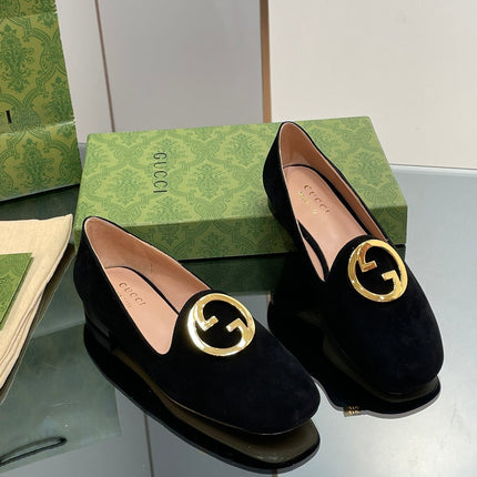 BLONDIE LOGO-PLAQUE LOAFERS IN BLACK SUEDE WITH GOLD HARDWARE