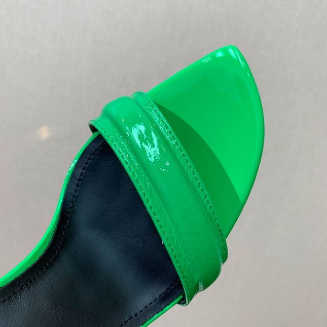 BALMAIN 25S SQUARE STRAP HIGH HEELS 100MM IN GREEN PATENT CALFSKIN
