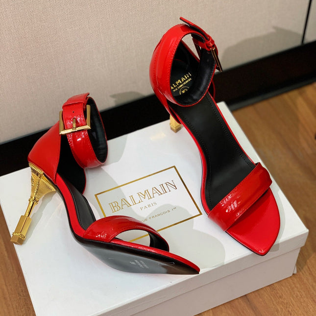 BALMAIN 25S SQUARE STRAP HIGH HEELS 100MM IN RED PATENT CALFSKIN