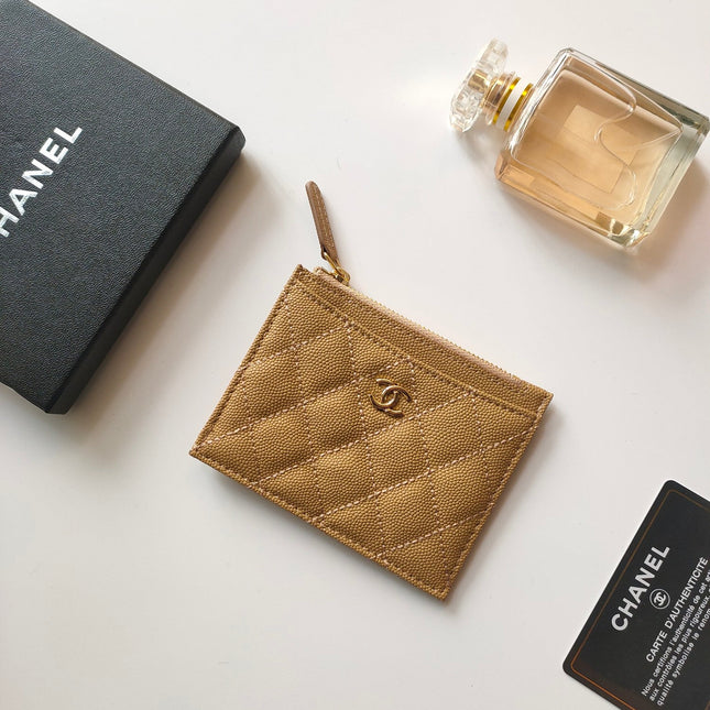 CC ZIPPED CARD HOLDER 11.5 AMBER GRAINED CALFSKIN GOLD ICON