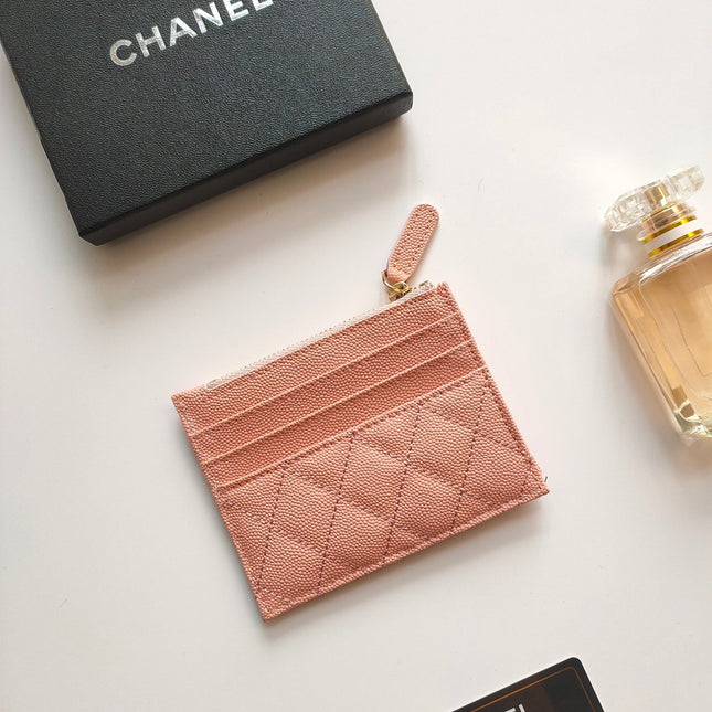 CC ZIPPED CARD HOLDER 11.5 PEACH GRAINED CALFSKIN GOLD ICON
