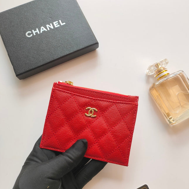 CC ZIPPED CARD HOLDER 11.5 RED GRAINED CALFSKIN GOLD ICON