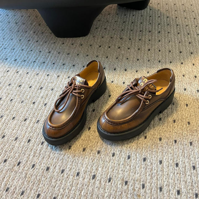 MIUMIU 26S LACED FUME SHOES IN SIENNA BROWN CALFSKIN