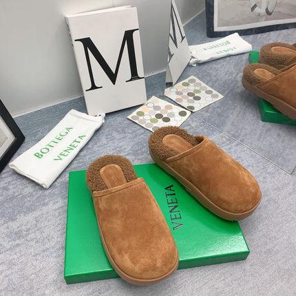 BOTTEGA VENETA 26S FUR-LINED MULES IN BROWN SUEDE