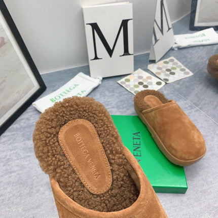 BOTTEGA VENETA 26S FUR-LINED MULES IN BROWN SUEDE