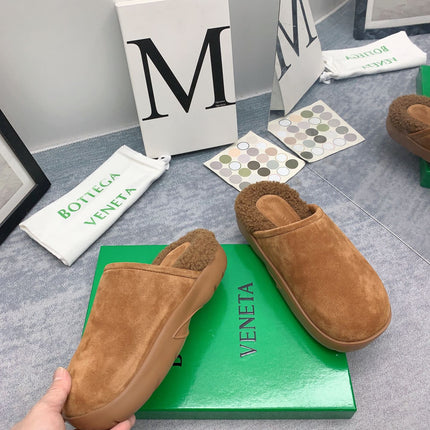 BOTTEGA VENETA 26S FUR-LINED MULES IN BROWN SUEDE