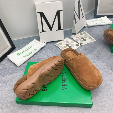 BOTTEGA VENETA 26S FUR-LINED MULES IN BROWN SUEDE