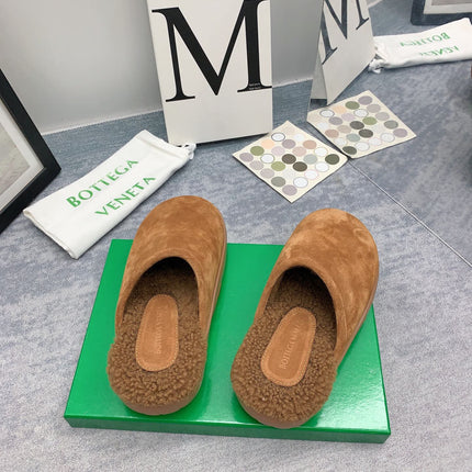 BOTTEGA VENETA 26S FUR-LINED MULES IN BROWN SUEDE