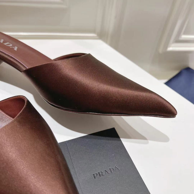 PRA POINTED-TOE MULES CHOCOLATE SATIN