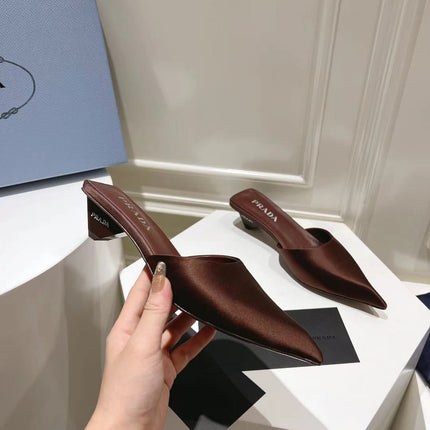 PRA POINTED-TOE MULES CHOCOLATE SATIN
