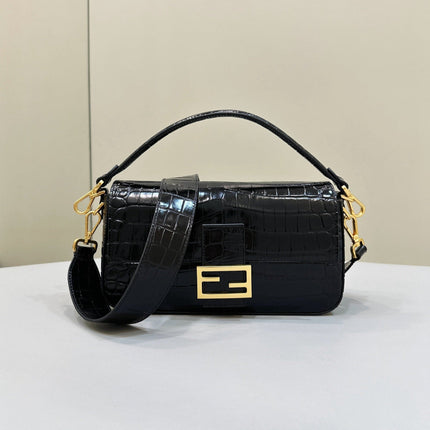 BAGUETTE 27 IN BLACK CROCODILE PATTERN GLOSSY CALFSKIN GOLD HARDWARE