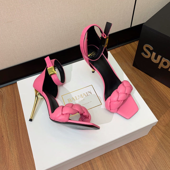 BALMAIN 25S ANKLE STRAP HIGH HEEL 95MM IN PINK CALFSKIN