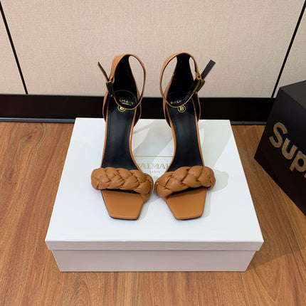 BALMAIN 25S ANKLE STRAP HIGH HEEL 95MM IN BROWN CALFSKIN