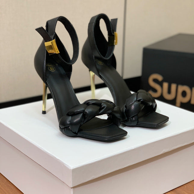 BALMAIN 25S ANKLE STRAP HIGH HEEL 95MM IN BLACK CALFSKIN