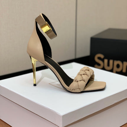 BALMAIN 25S ANKLE STRAP HIGH HEEL 95MM IN BEIGE GRAY CALFSKIN