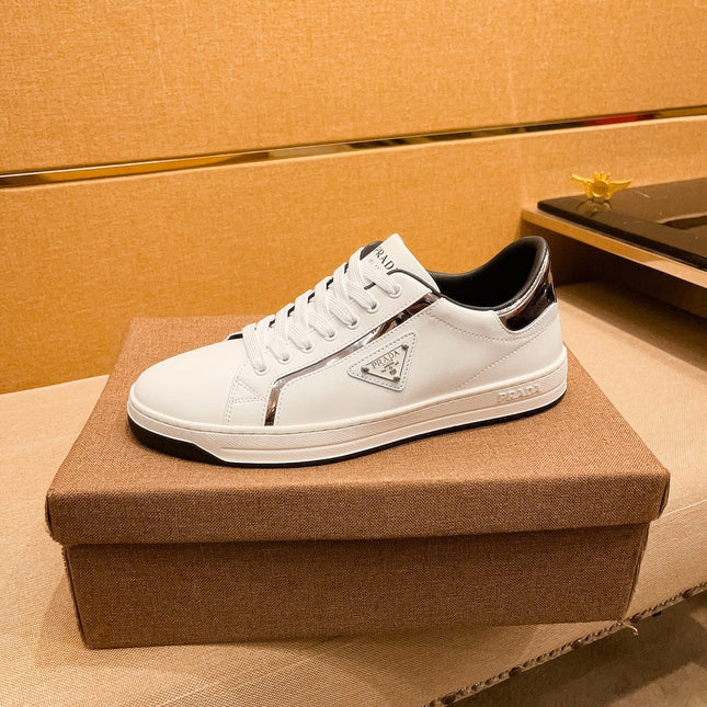 PRA SNEAKER IN WHITE CALFSKIN WITH GLOSSY GOLDEN