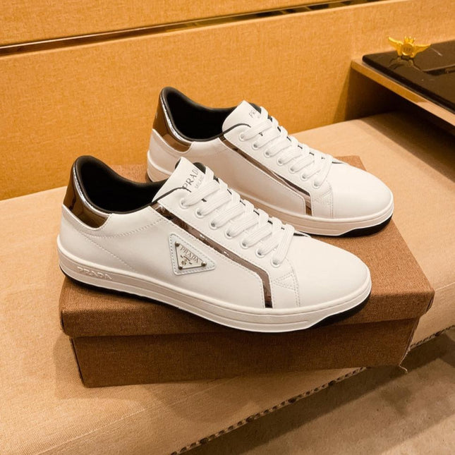 PRA SNEAKER IN WHITE CALFSKIN WITH GLOSSY GOLDEN