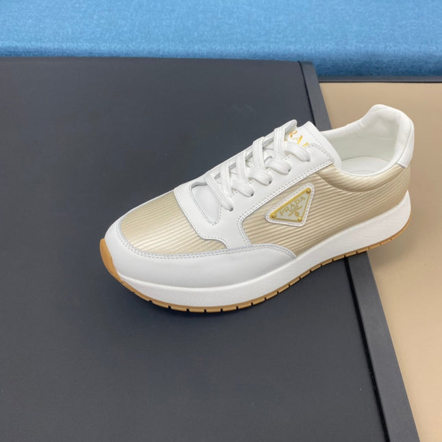 PRA SNEAKER IN WHITE CALFSKIN AND GOLD FABRIC WITH GOLDEN LOGO