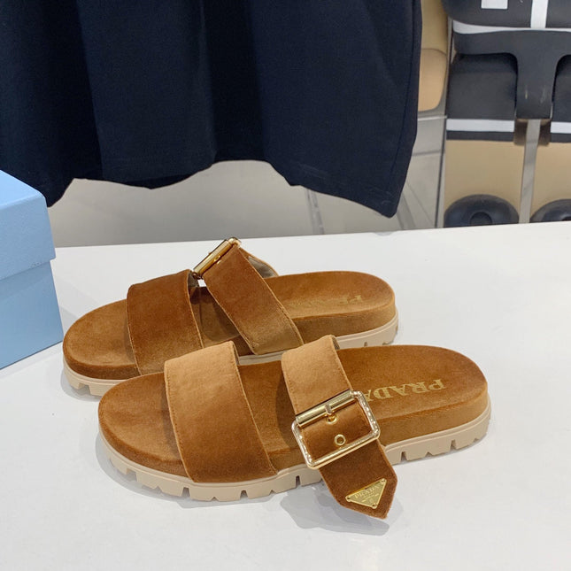 PRA SLIDES SANDALS CAMEL VELVET