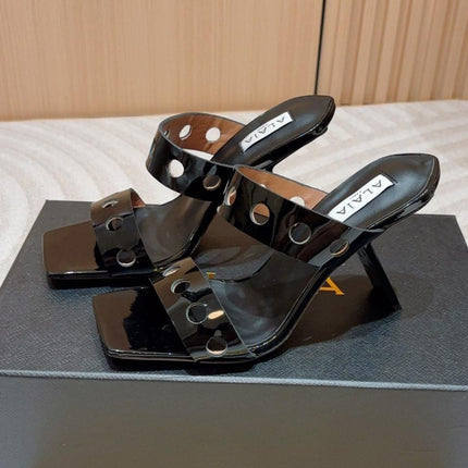 ALAIA TWO-STRAPS HIGH HEEL SANDALS IN BLACK PATENT LAMBSKIN