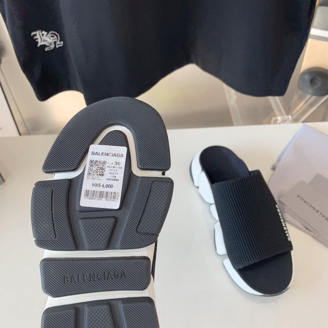SPEED 2.0 SLIDE SANDAL IN BLACK RECYCLED KNIT AND WHITE SOLE