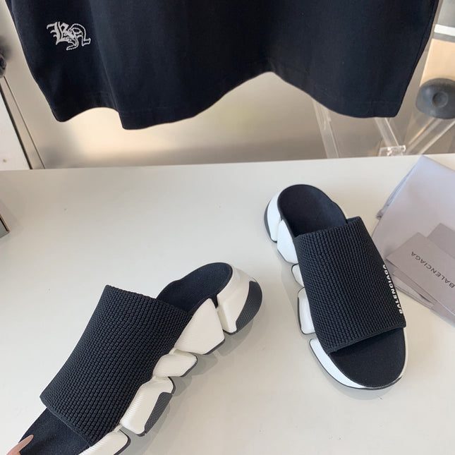 SPEED 2.0 SLIDE SANDAL IN BLACK RECYCLED KNIT AND WHITE SOLE