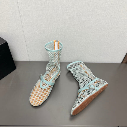 ALAIA SHORT BOOTS IN LIGHT BLUE MESH FISHNET