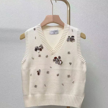 CC Sequined ribbed V-neck knitted vest