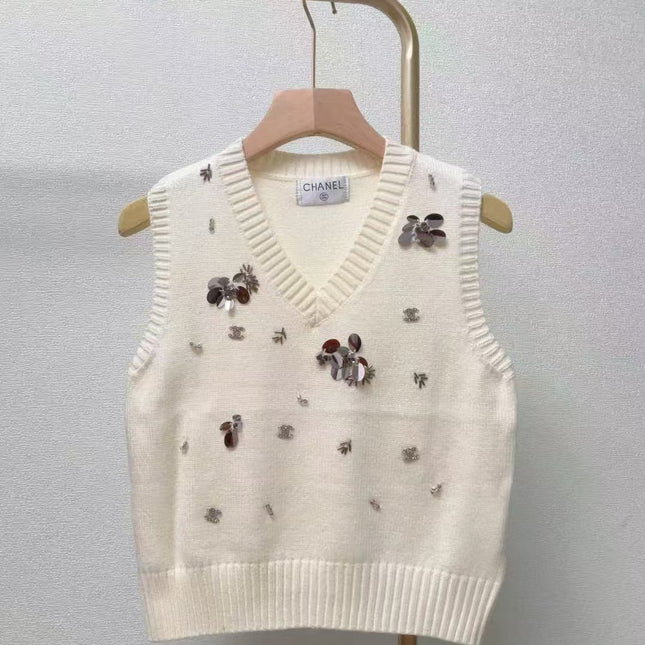 CC Sequined ribbed V-neck knitted vest