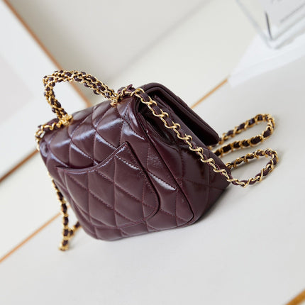 FLAP BAG WITH TOP HANDLE 18 IN WINE RED OIL-WAX LAMBSKIN GOLD HARDWARE