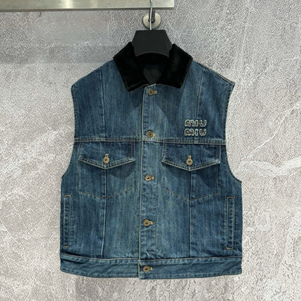 Miu Navy Denim Trucker Vest