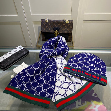 SET SCARF AND HAT IN NAVY BLUE MONOGRAM CASHMERE 349665