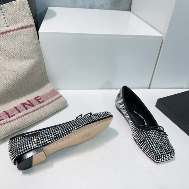 EMBELLISHED BILLIE FLATS IN BLACK MIX WHITE CRYSTAL SATIN