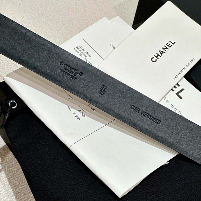 DOUBLE C BELT 30MM IN BLACK CALFSKIN WITH GOLD HARDWARE AND CARO STITCHING