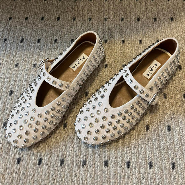 STRASS BALLET FLATS IN WHITE LAMBSKIN