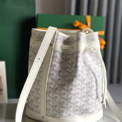 PETIT FLOT BUCKET BAG 22 IN WHITE GOYARDINE CANVAS AND LAMBSKIN TRIM