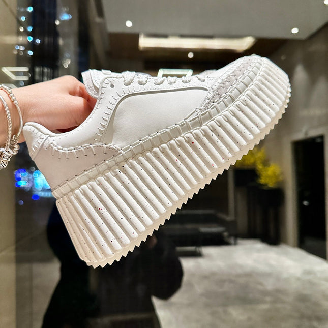 HAND-STITCHED DETAIL SNEAKERS IN WHITE CALFSKIN AND SUEDE