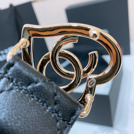 DOUBLE C 38MM IN BLACK QUILTED LAMBSKIN GOLD HEART BUCKLE