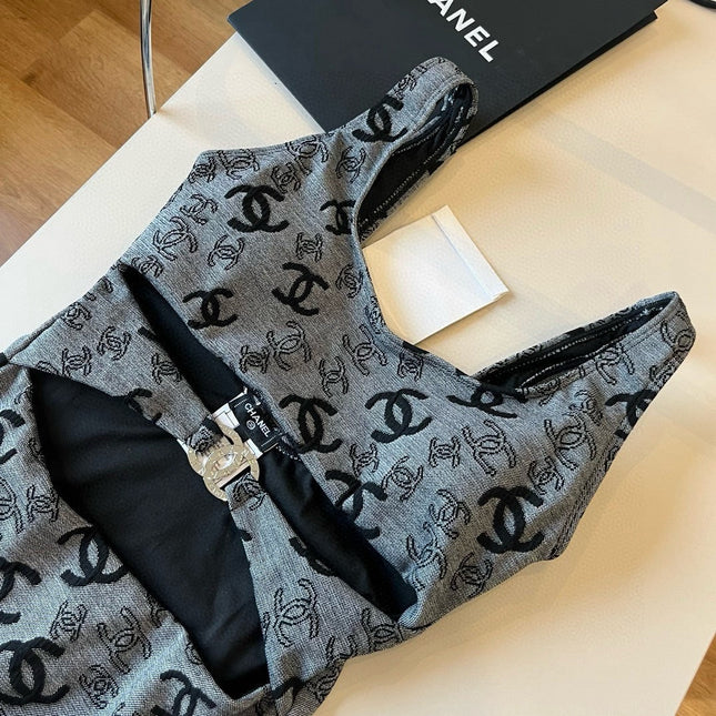 SWIMSUIT IN GREY AND BLACK PRINTED LOGO 626006