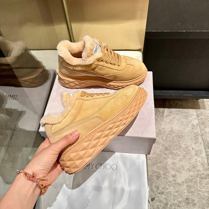 JIMMY CHOO 26S FUR-LINED SNEAKERS IN CAMEL SUEDE