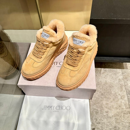 JIMMY CHOO 26S FUR-LINED SNEAKERS IN CAMEL SUEDE