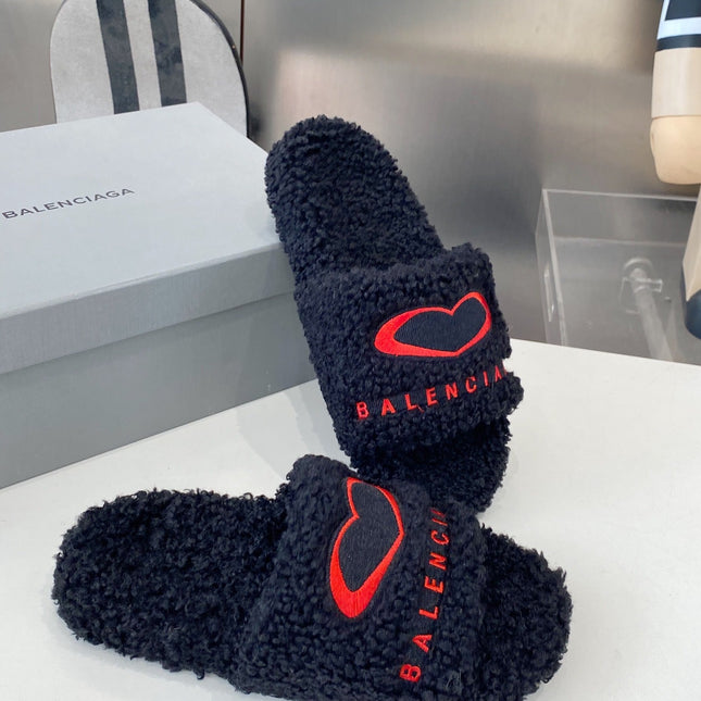 BALENCIAGA 25S FLAT SLIPPERS IN BLACK MIX RED WOOL